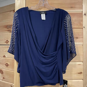 MSK Petite Navy Blue Top with Pearl Embellished Sleeves